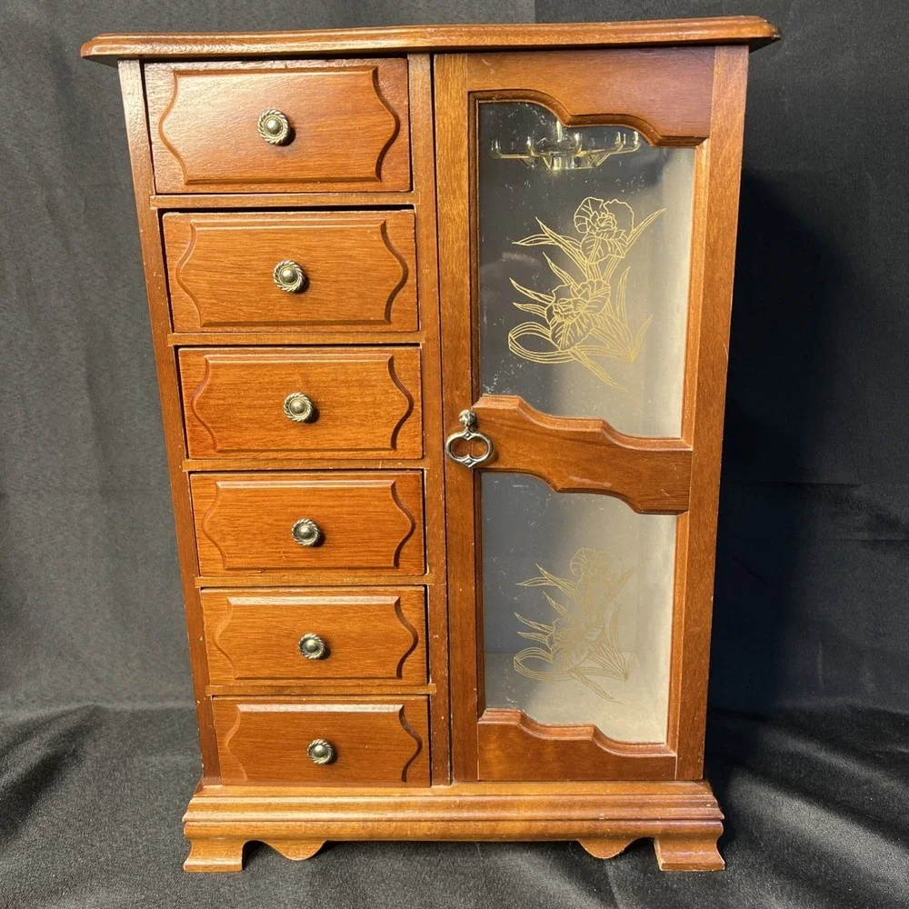 Vintage Tall Wooden 6 Drawer Jewelry Box/Organizer Necklace Hanger 11.5